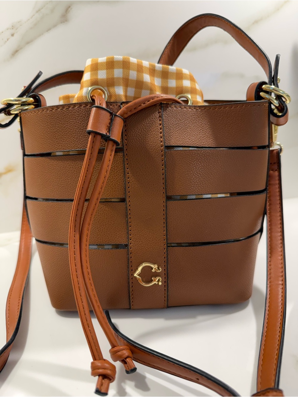 C. Wonder Brown Cutout Bucket Crossbody with Gingham Liner